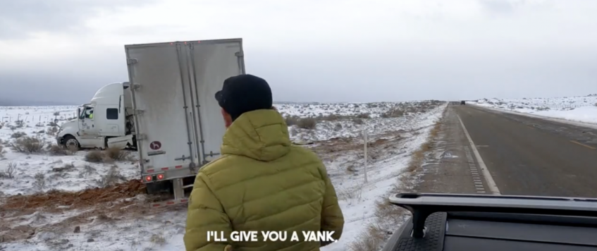 VIDEO: Electric pickup yanks out stuck semi in Utah